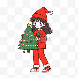 手绘红色圣诞树图片_圣诞节手绘元素圣诞树可爱女孩卡