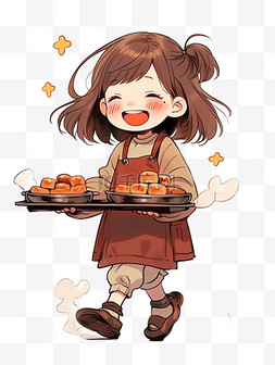 红咖图片_冬天可爱女孩烤面包手绘卡通元素
