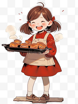 手绘烤面包图片_冬天可爱女孩烤面包卡通元素手绘
