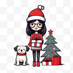 拿礼物的狗图片_圣诞节手绘元素简笔画女孩礼物卡