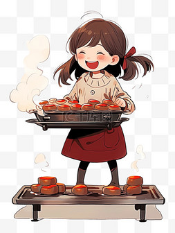 穿着红衣服的女孩图片_可爱女孩冬天烤面包卡通手绘元素