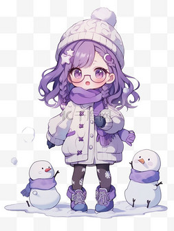 卡通紫衣服图片_冬天卡通可爱女孩雪人手绘元素