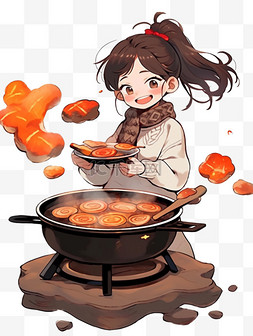 火锅手绘背景图片_冬天卡通可爱女孩吃火锅手绘元素