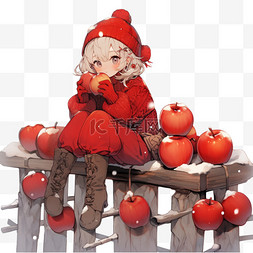 木桩背景图片_冬天可爱女孩苹果卡通元素手绘