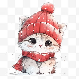 红色围脖手绘图片_圣诞节冬天小猫卡通手绘元素