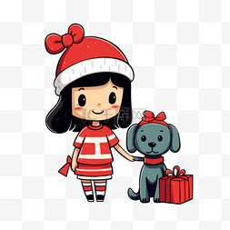 红色简单圣诞背景图片_圣诞节手绘简笔画女孩礼物卡通元