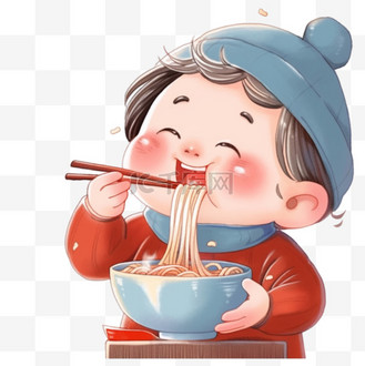 新年手绘可爱孩子吃面条卡通元素