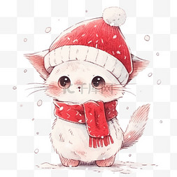 红色围脖手绘图片_圣诞节小猫冬天卡通手绘元素