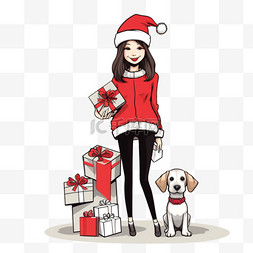 拿礼物的狗图片_手绘元素圣诞节简笔画女孩礼物卡