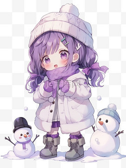 紫色头发女孩图片_冬天可爱女孩雪人手绘卡通元素