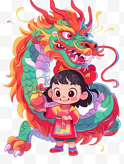 中国龙彩色龙图片_卡通新年中国龙女孩简笔画手绘元