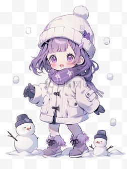 冬天雪地手绘图片_冬天手绘元素可爱女孩雪人卡通