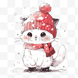 红色围脖手绘图片_圣诞节小猫卡通手绘冬天元素