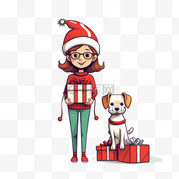 白色线条圣诞树图片_手绘圣诞节简笔画女孩礼物卡通元