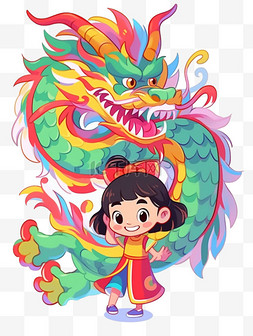 卡通小女孩简笔画图片_新年中国龙女孩卡通手绘简笔画元