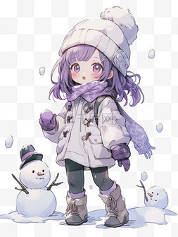 冬天可爱女孩卡通雪人手绘元素