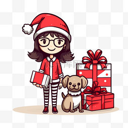 卡通女孩和狗图片_圣诞节简笔画卡通女孩礼物手绘元
