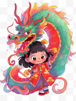 卡通手绘新年中国龙女孩简笔画元