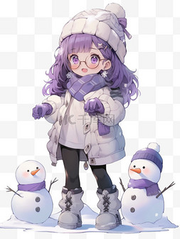 紫色头发女孩图片_手绘冬天可爱女孩雪人卡通元素
