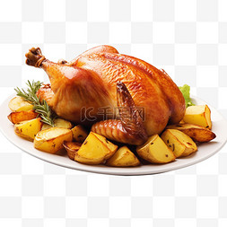 白色纯色背景图图片_新年美食烧鸡免抠土豆摄影图