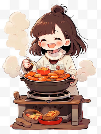 手绘元素冬天可爱女孩吃火锅卡通