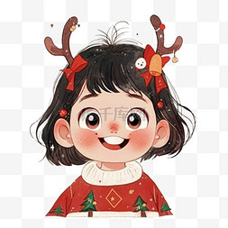 红色鹿角图片_手绘圣诞节可爱女孩卡通元素