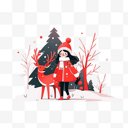 小鹿手绘背景图片_圣诞节女孩麋鹿插画卡通元素