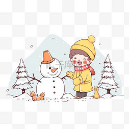 手绘冬天可爱男孩雪人简笔画元素