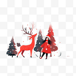 手绘红色圣诞树图片_圣诞节卡通女孩麋鹿插画元素