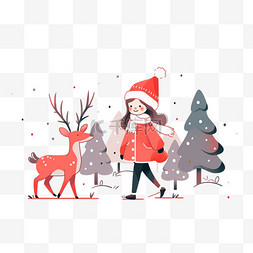 小鹿手绘背景图片_圣诞节插画女孩麋鹿卡通元素
