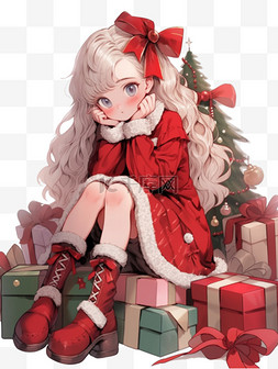 冬天唯美高清图片_冬天可爱女孩圣诞节礼盒卡通手绘