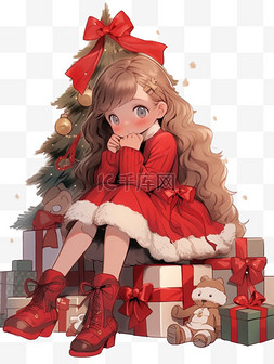 冬天唯美高清图片_冬天圣诞节可爱女孩卡通礼盒手绘