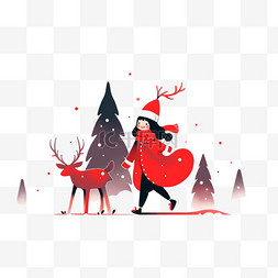 小鹿手绘背景图片_插画元素圣诞节女孩麋鹿卡通