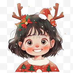 圣诞节元素鹿角图片_圣诞节手绘可爱女孩卡通元素