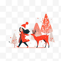 小鹿手绘背景图片_圣诞节女孩麋鹿插画元素卡通