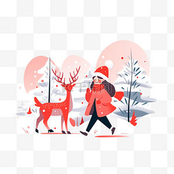 手绘红色圣诞树图片_圣诞节麋鹿女孩卡通插画元素