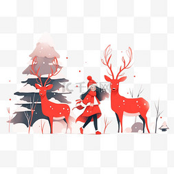 手绘红色圣诞树图片_圣诞节女孩插画麋鹿卡通元素