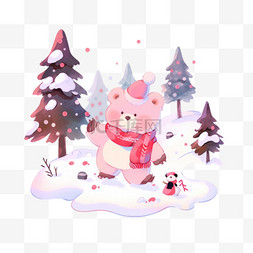 卡通滚雪球素材图片_冬天可爱小熊卡通手绘松树元素