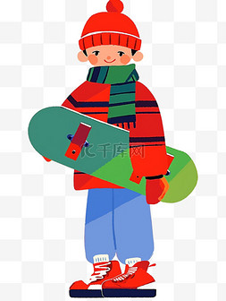简约格子蓝色背景图片_简笔画卡通可爱男孩元素拿着滑板