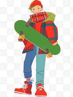 简约格子蓝色背景图片_卡通元素简笔画可爱男孩拿着滑板