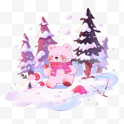 边缘雪图片_可爱小熊松树卡通手绘元素冬天