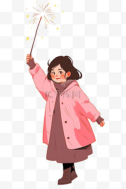 烟花粉色背景图片_迎新年卡通手绘可爱女孩烟花元素
