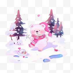 松树上有雪图片_卡通手绘冬天可爱小熊松树元素