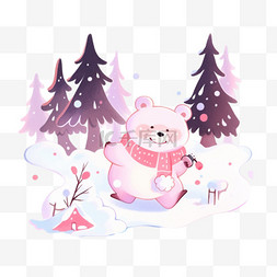 雪松树图片_可爱小熊松树冬天卡通手绘元素