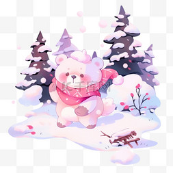 可爱小熊冬天松树卡通手绘元素