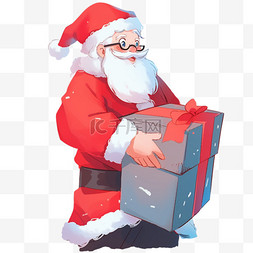 礼盒手绘黑色图片_圣诞节卡通圣诞老人拿着蓝色礼盒