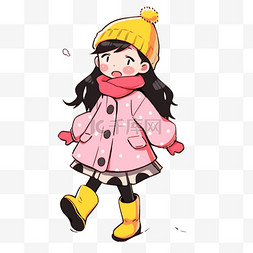 粉色短靴图片_冬天手绘元素可爱女孩简笔画卡通