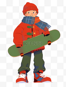 简约格子蓝色背景图片_卡通简笔画可爱男孩拿着滑板手绘