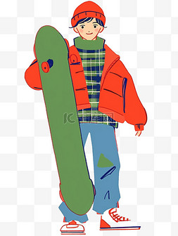 男孩背景插画图片_手绘元素简笔画可爱男孩拿着滑板