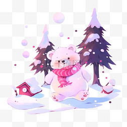 雪边缘图片_手绘冬天可爱小熊松树卡通元素